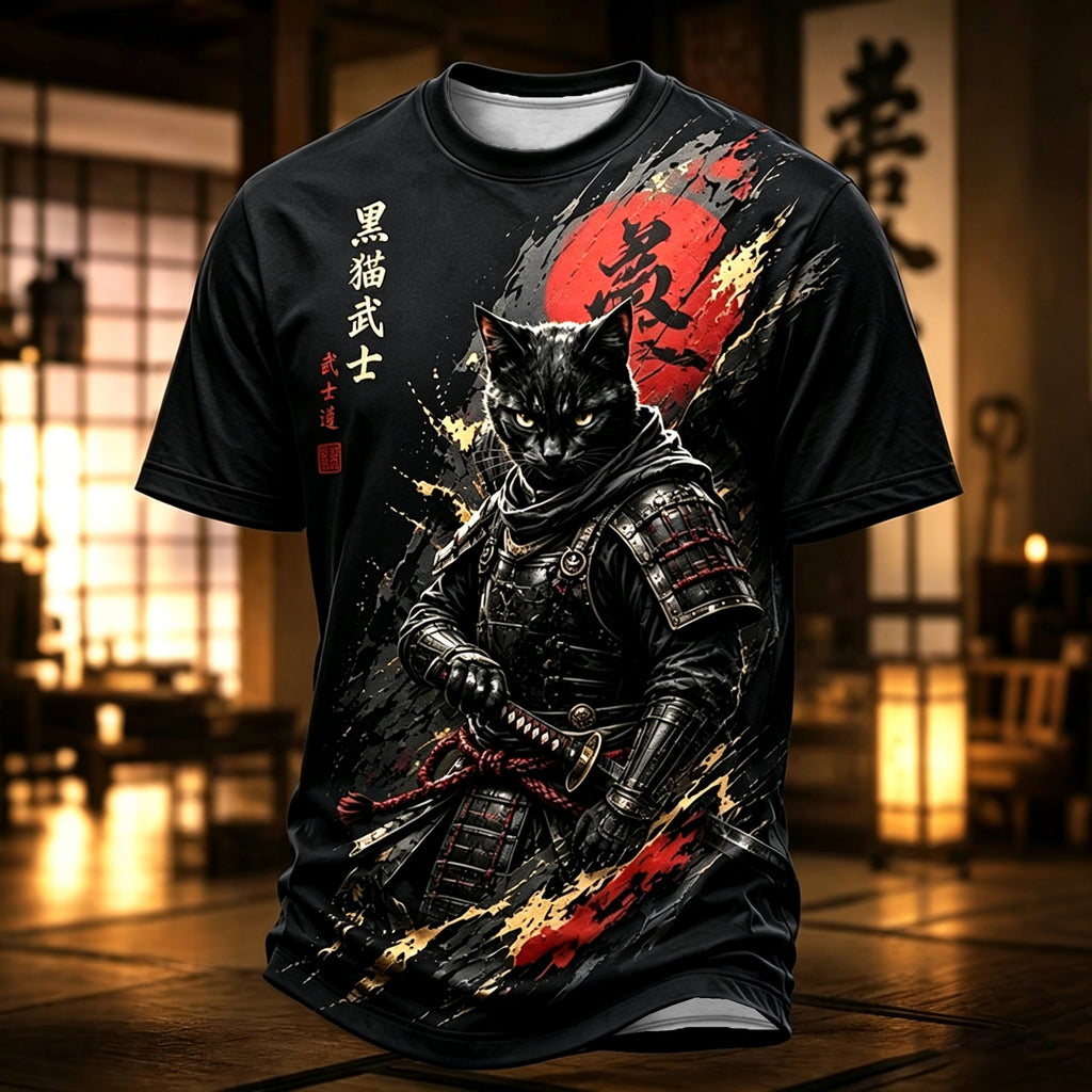 Herren T-Shirt mit Brave Black Cat Samurai Japanese Art Print