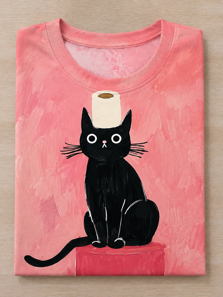 Fun Squat Toilet Black Cat Print T-shirt