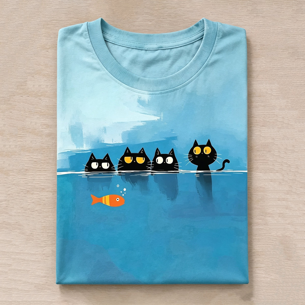 Fun Cat And Fish Ocean Print Crew Neck Short Sleeve T-shirt
