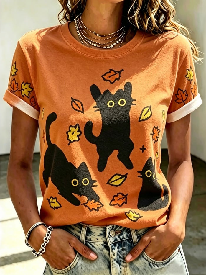Damen Herbst Katze Kunstdruck Rundhals Kurzarm Freizeit T-Shirt