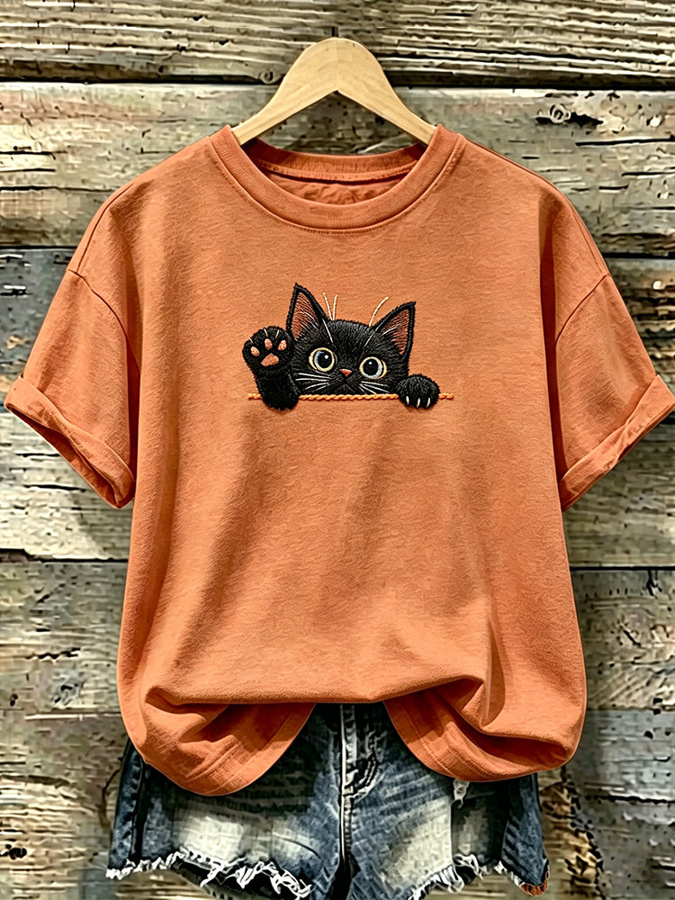 Damen T-Shirt mit niedlichem schwarzem Katzenmuster