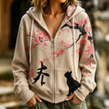 Damen Retro Kirschblüten- und Katzen-Print Freizeit Warmer Kapuzenpullover mit Reißverschluss