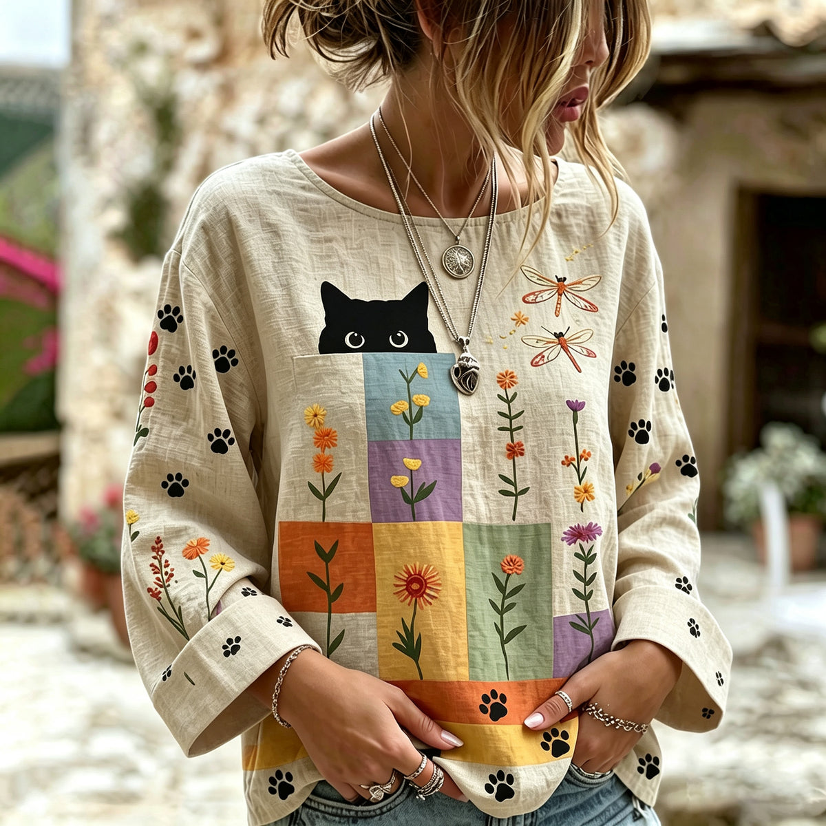 Women's Vintage Hippie Cute Cat In Patchwork Art Linen Blend Round Neck Long Sleeve Tshirt