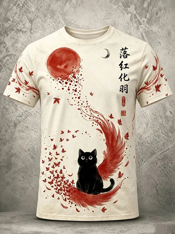 Herren Retro Schwarze Katze Ahornblatt Print Baumwolle Leinen Kurzarm T-Shirt