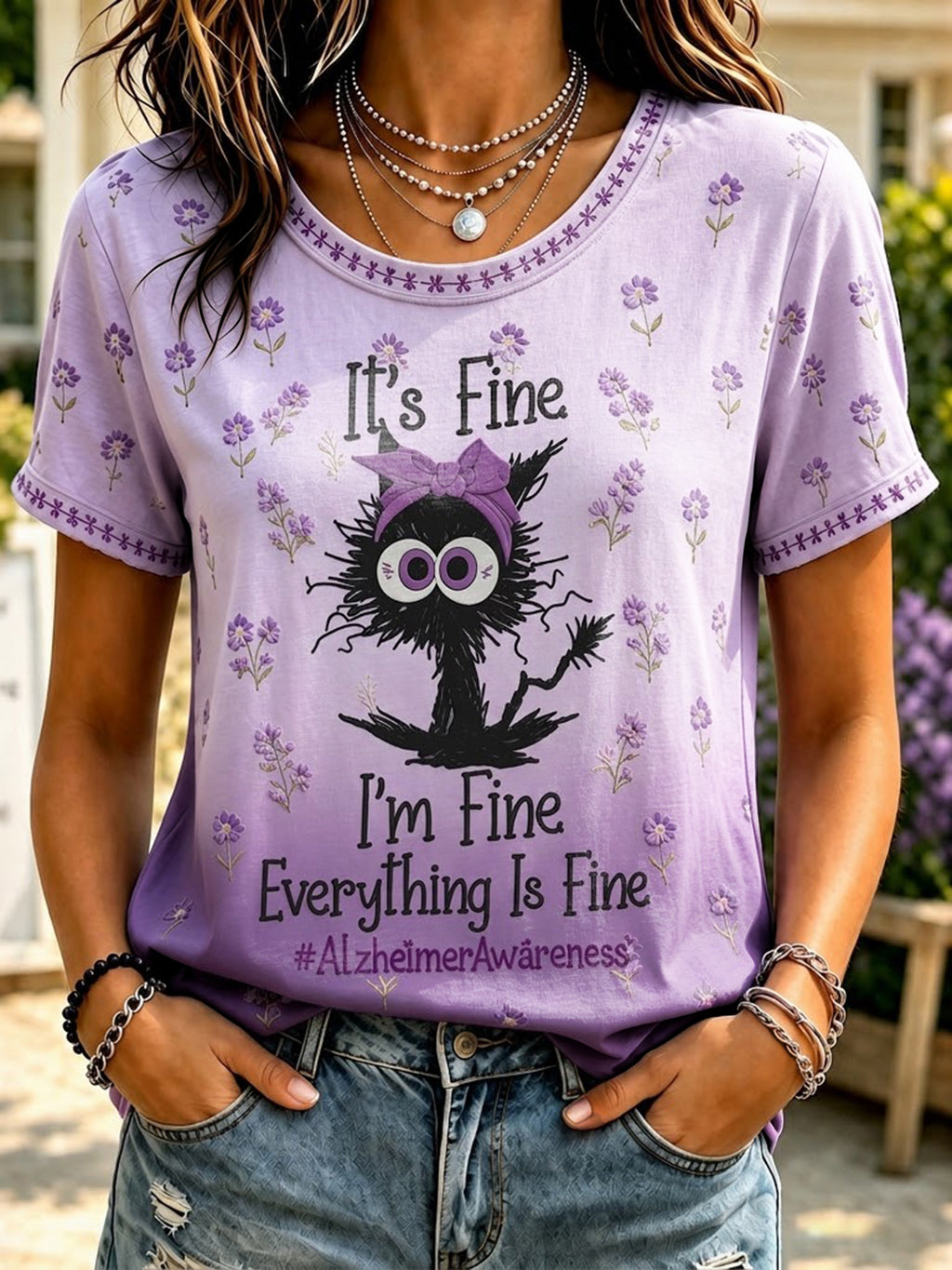 Damen Retro "Im Fine Everything Is Fine" Alzheimer-Print Bequemes T-Shirt