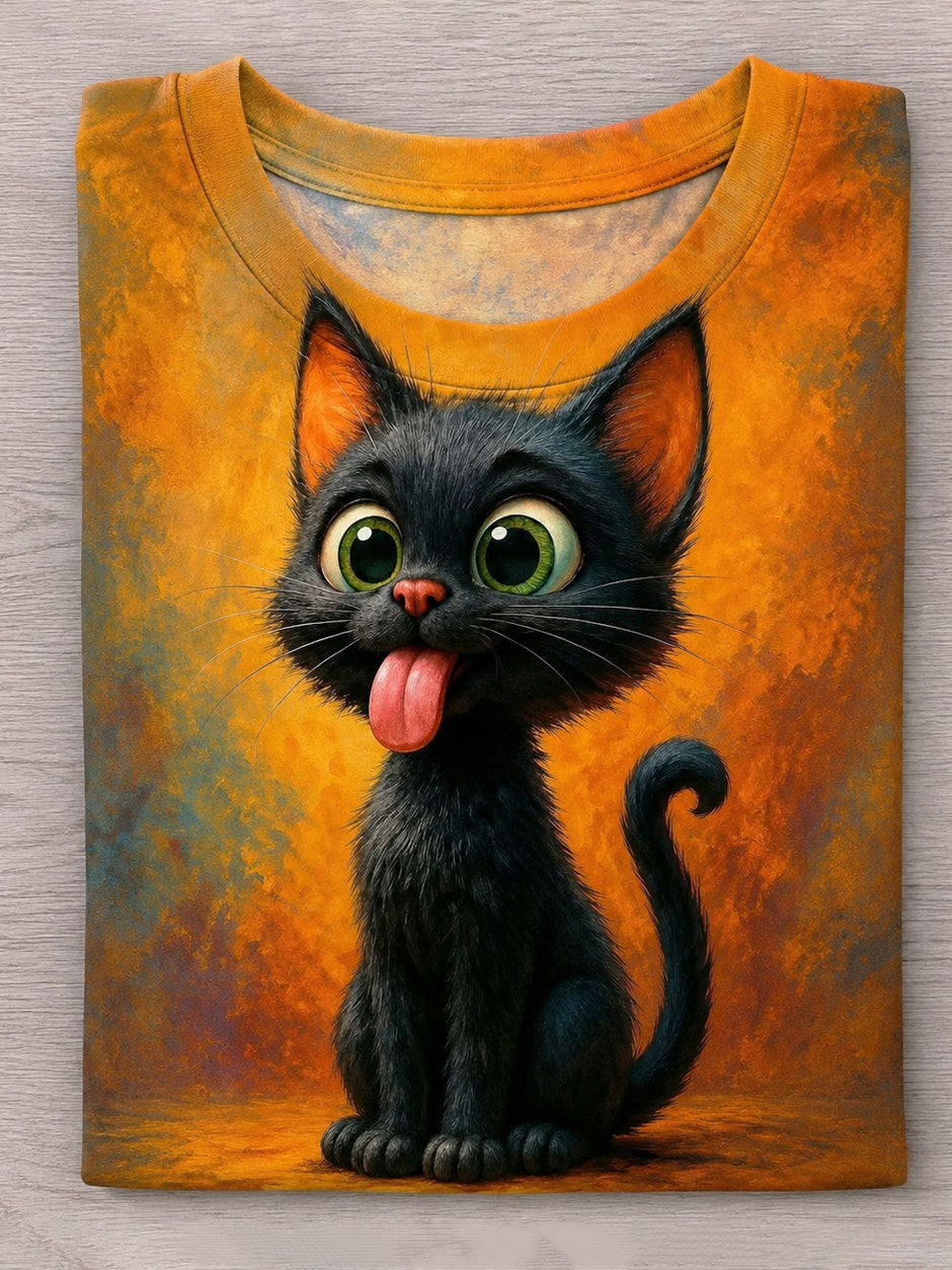 Cute Black Cat Sticking Out Tongue Pattern Print T-shirt
