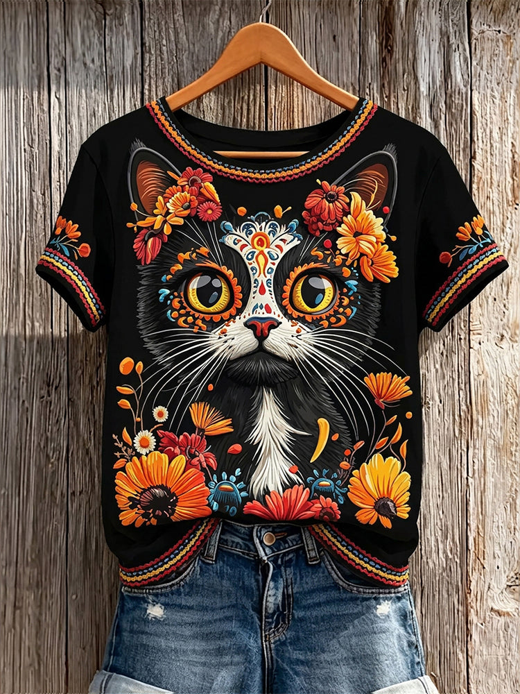 Women's Retro Vacation Floral Cat Skull Design Linen Crew Neck Short Sleeve T-shirt