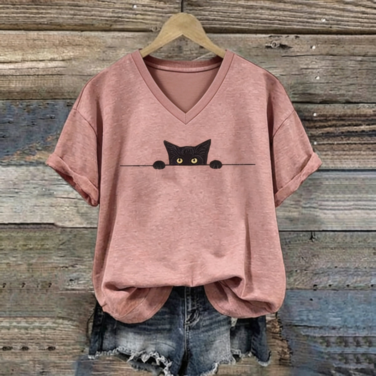 Abstract Creative Black Cat Graphic Casual V Neck T-shirt