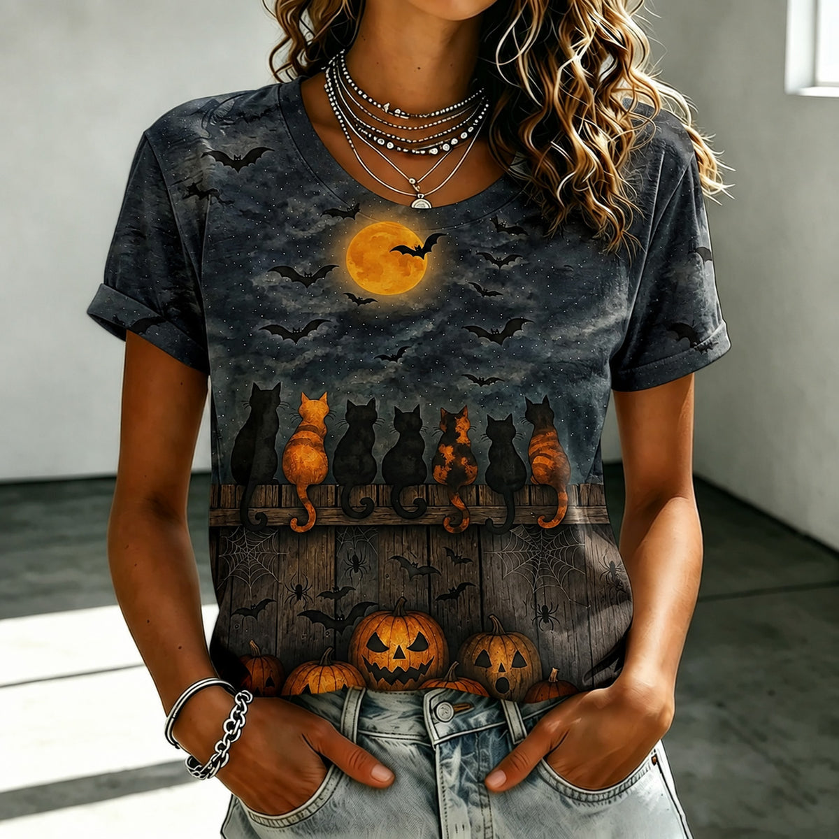 Women's Retro Halloween Pumpkin, Bat, And Cat Elements Linen T-shirt