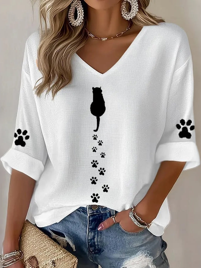 Damen Vintage Süß Schwarz Katze Kunstdruck Fließend Leinenmischung Dreiviertelarm T-Shirt