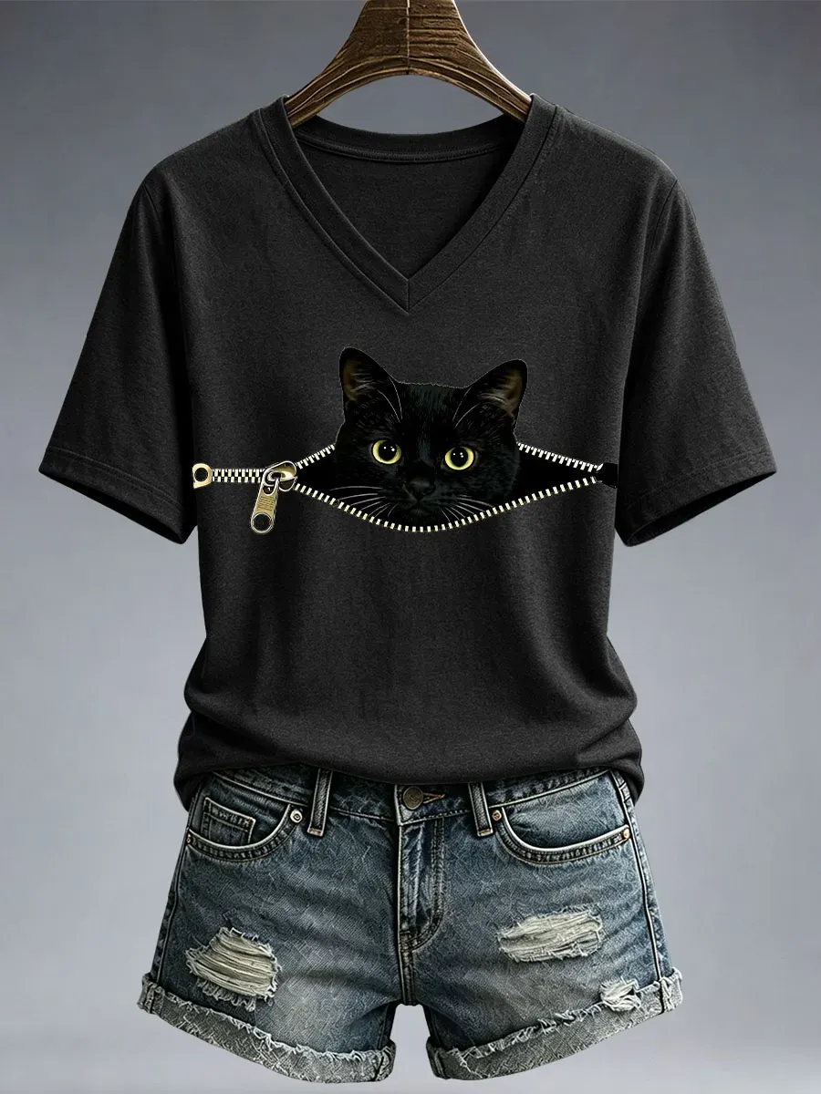 Lustiges T-Shirt für Damen mit schwarzem Katzenmuster