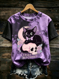 Women's V-neck T-shirt With Pastel Tie-dye, Cat On Skull, Rose, And "cursed But Cuddly" Print