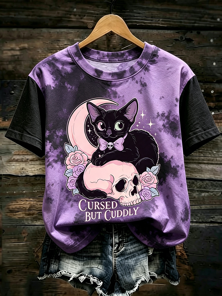 Women's V-neck T-shirt With Pastel Tie-dye, Cat On Skull, Rose, And "cursed But Cuddly" Print
