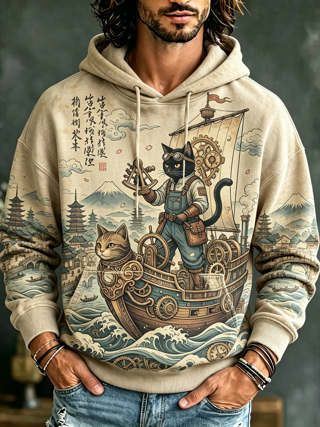 Herren Vintage Japanische Katze Kunst Print Freizeit Hoodie