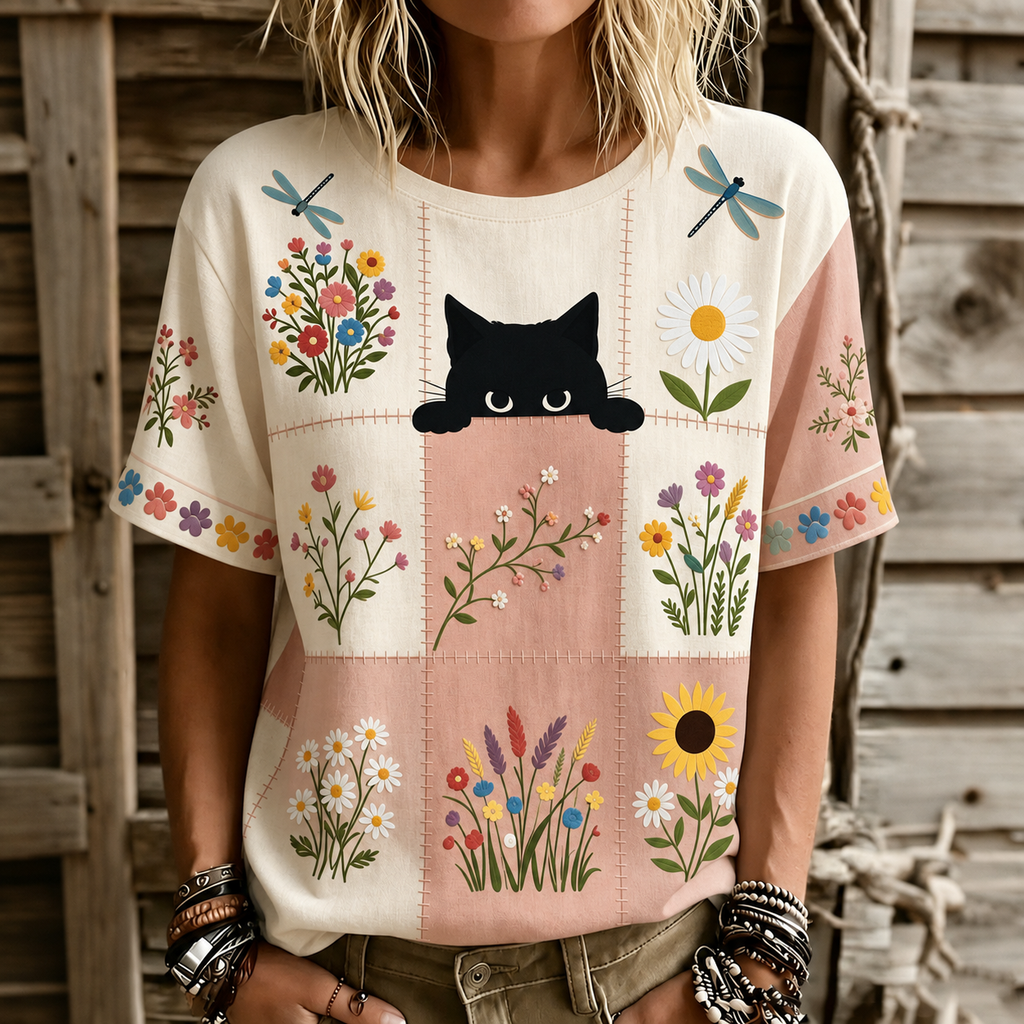 Women's Hippie Cute Cat In Patchwork Art Print Linen Blend Round Neck Tshirt
