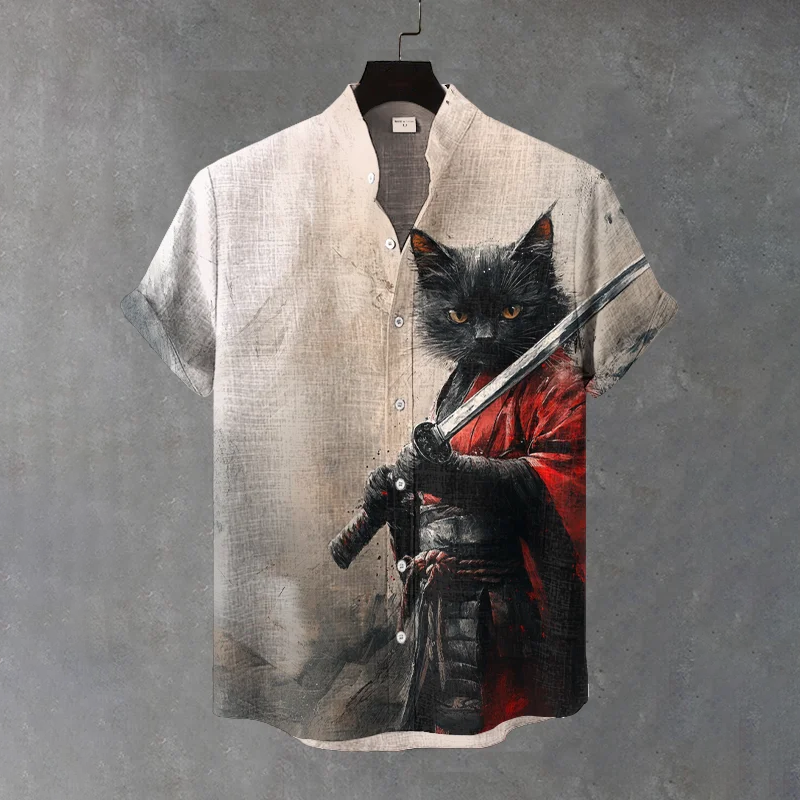 Herren Schwarze Katze Samurai Tuschekunst Leinenmischung Gemütliches Hemd