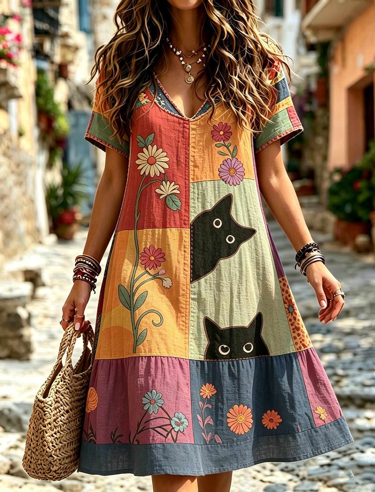Women's Hippie Black Cat Art Print Linen Blend V Neck Mini Dress