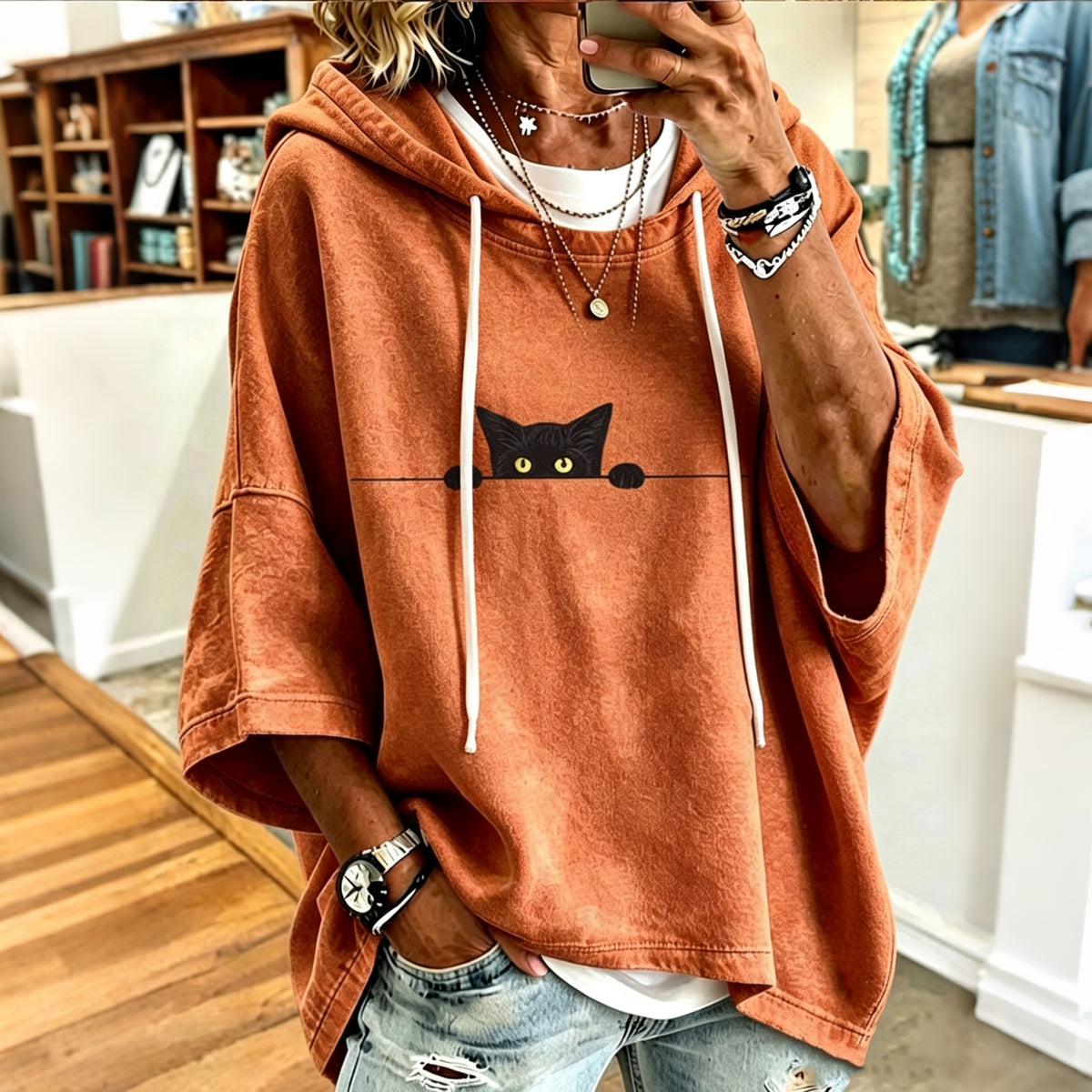 Women's Casual Funny Black Cat Print Sweatshirt