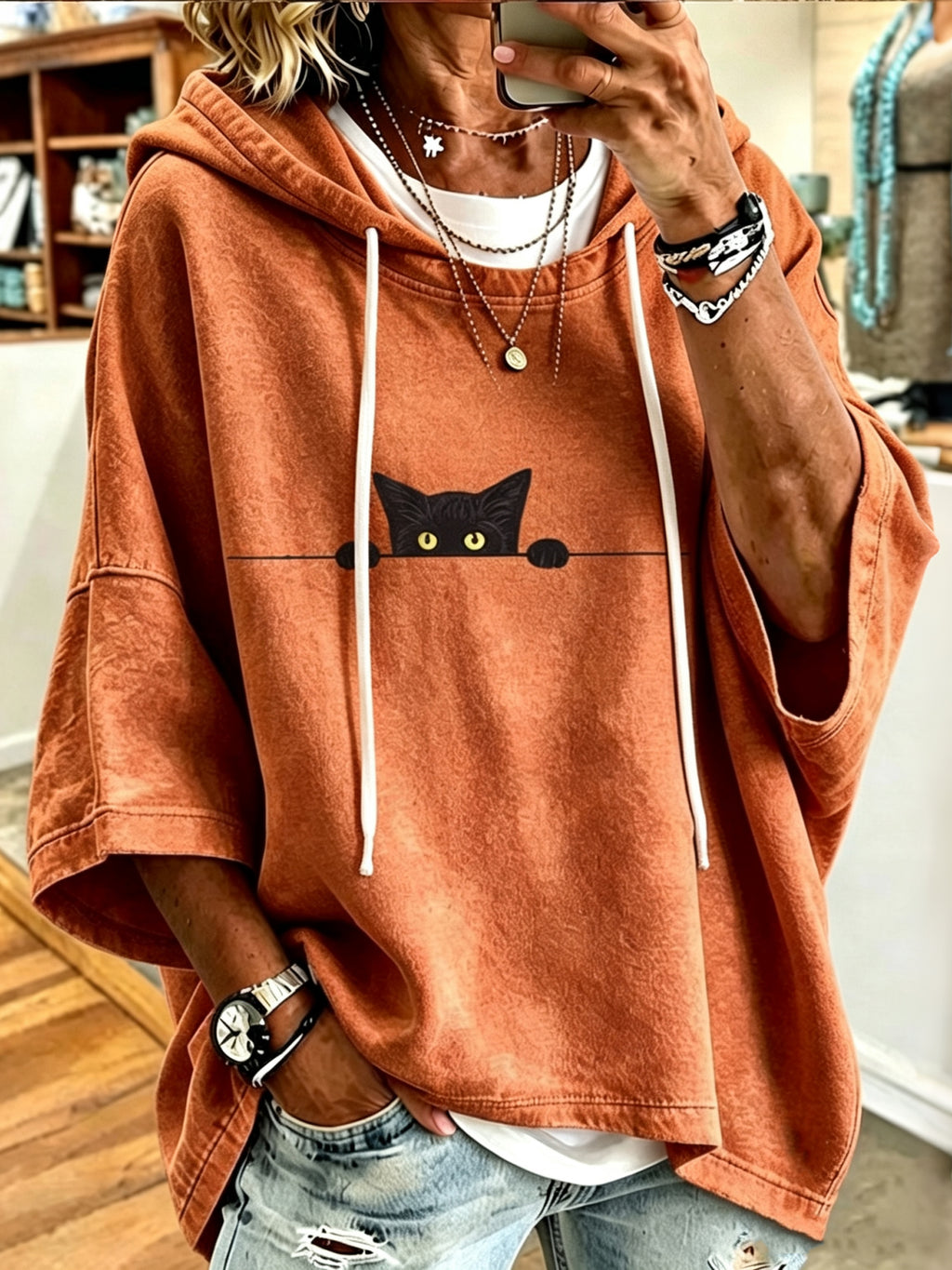 Women's Casual Funny Black Cat Print Sweatshirt