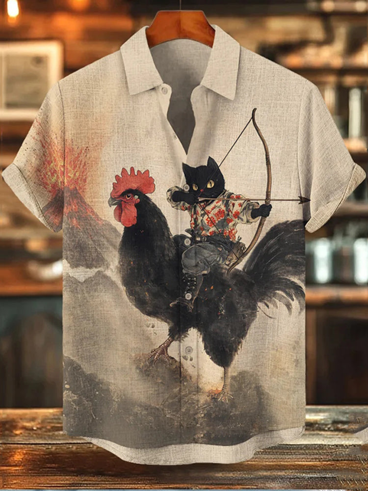 Herren Retro Kurzarmhemd mit Schwarz-Katze, Bogenschütze und Huhn-Aufdruck