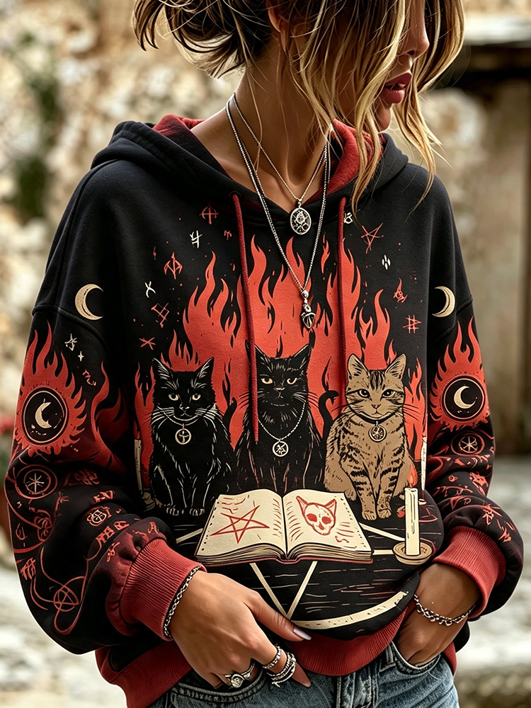 Women's Gothic Black Pullover Hoodie With Black Cats, Occult Flames, Magic Book, And Pentagram Print