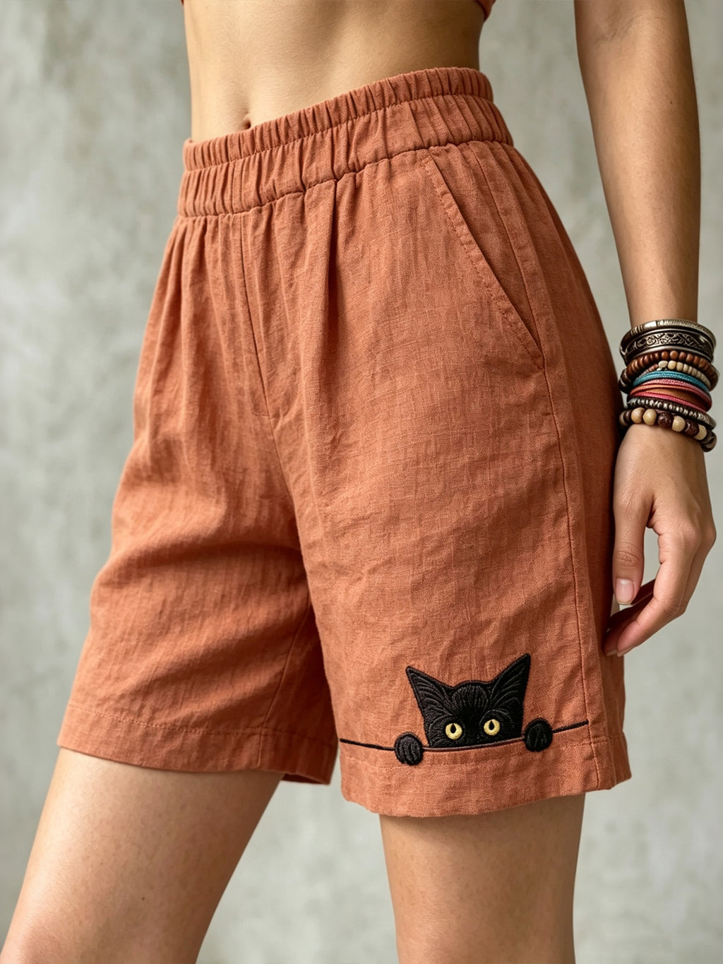 Women's Vintage Lovely Cat In Patchwork Art Linen Casual Shorts