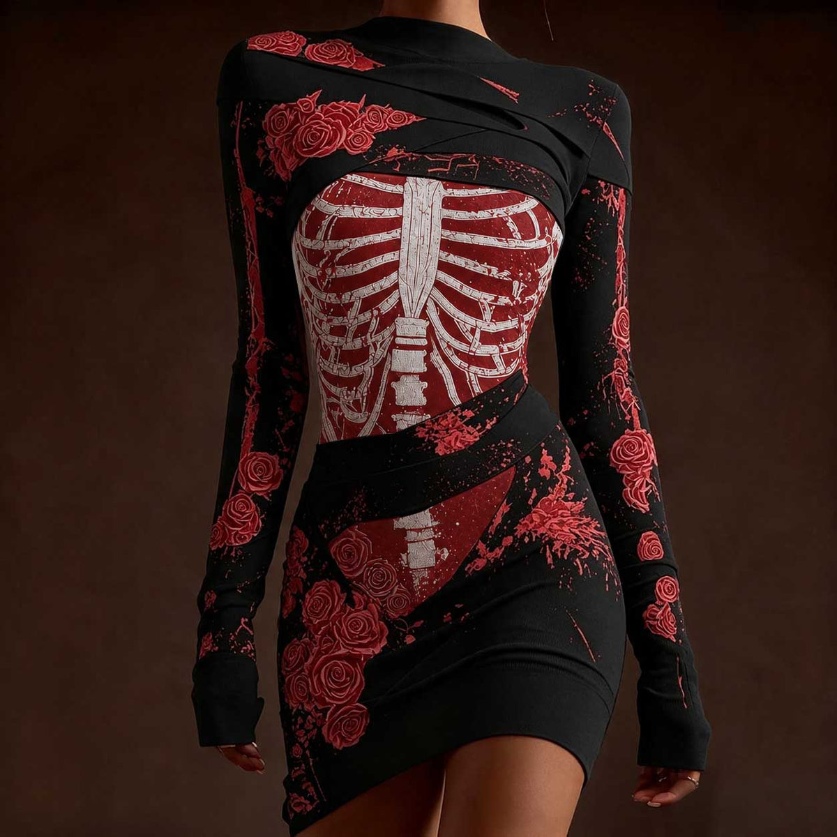 Classy Skeleton Anatomy Bloody Roses Bandages Knit Sweater Dress
