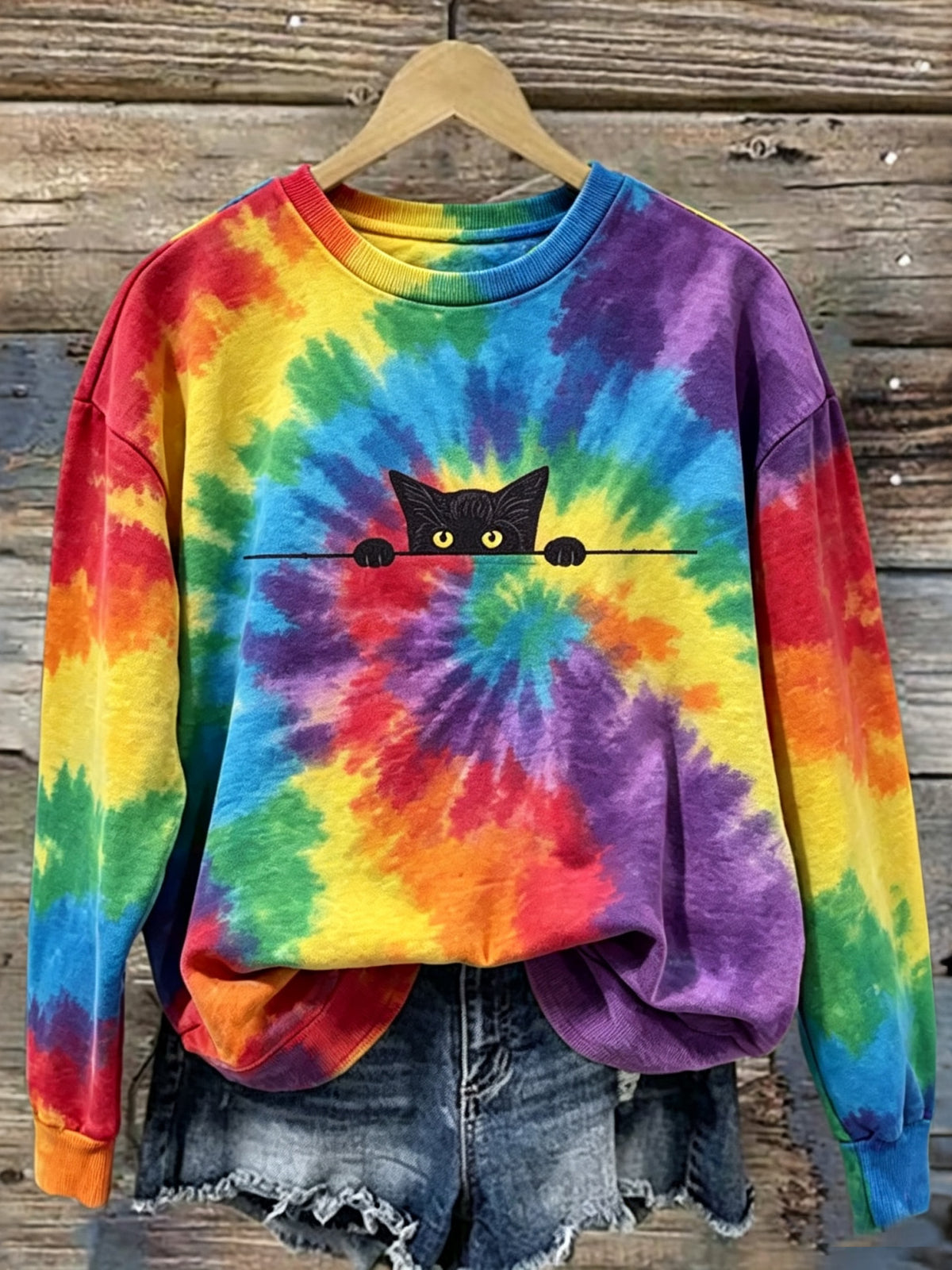 Abstract Creative Black Cat In Hippie Fest Graphic Casual Sweatshirt