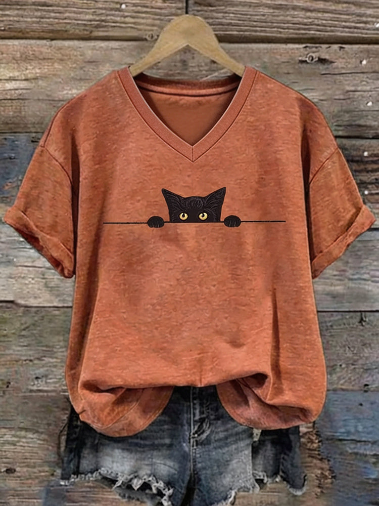 Abstract Creative Black Cat Graphic Casual V Neck T-shirt
