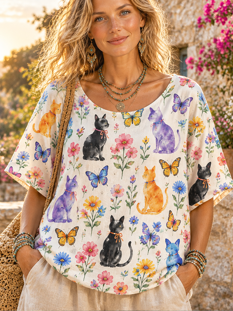 Women's Casual Crewneck T-shirt With Cats, Butterflies, And Floral Print