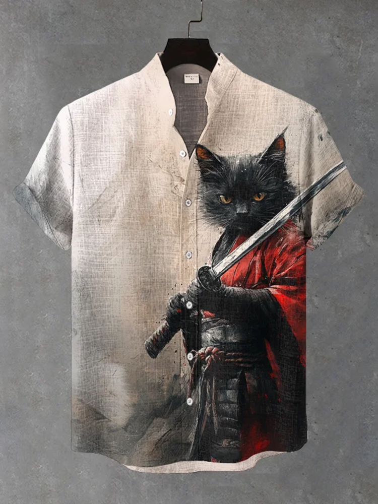 Herren Schwarze Katze Samurai Tuschekunst Leinenmischung Gemütliches Hemd