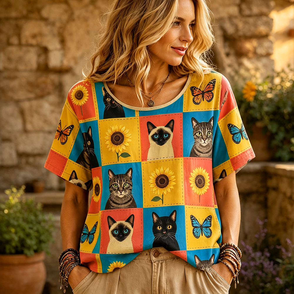 Women's Colorblock Short-sleeve T-shirt With Cat, Sunflower, And Butterfly Print