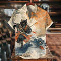 Herren Schwarze Katze Samurai und Drache Japanischer Stil Kunstdruck Freizeit-Hemd