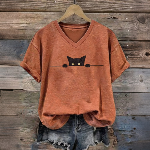 Abstract Creative Black Cat Graphic Casual V Neck T-shirt