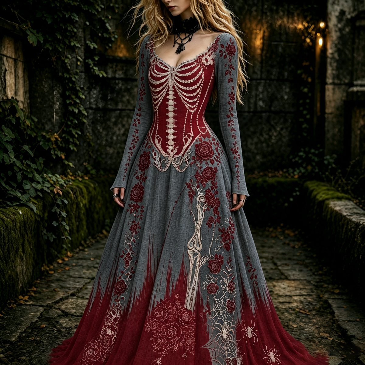 Women's Retro Gothic Skeleton And Rose Pattern Maxi Halloween Dress