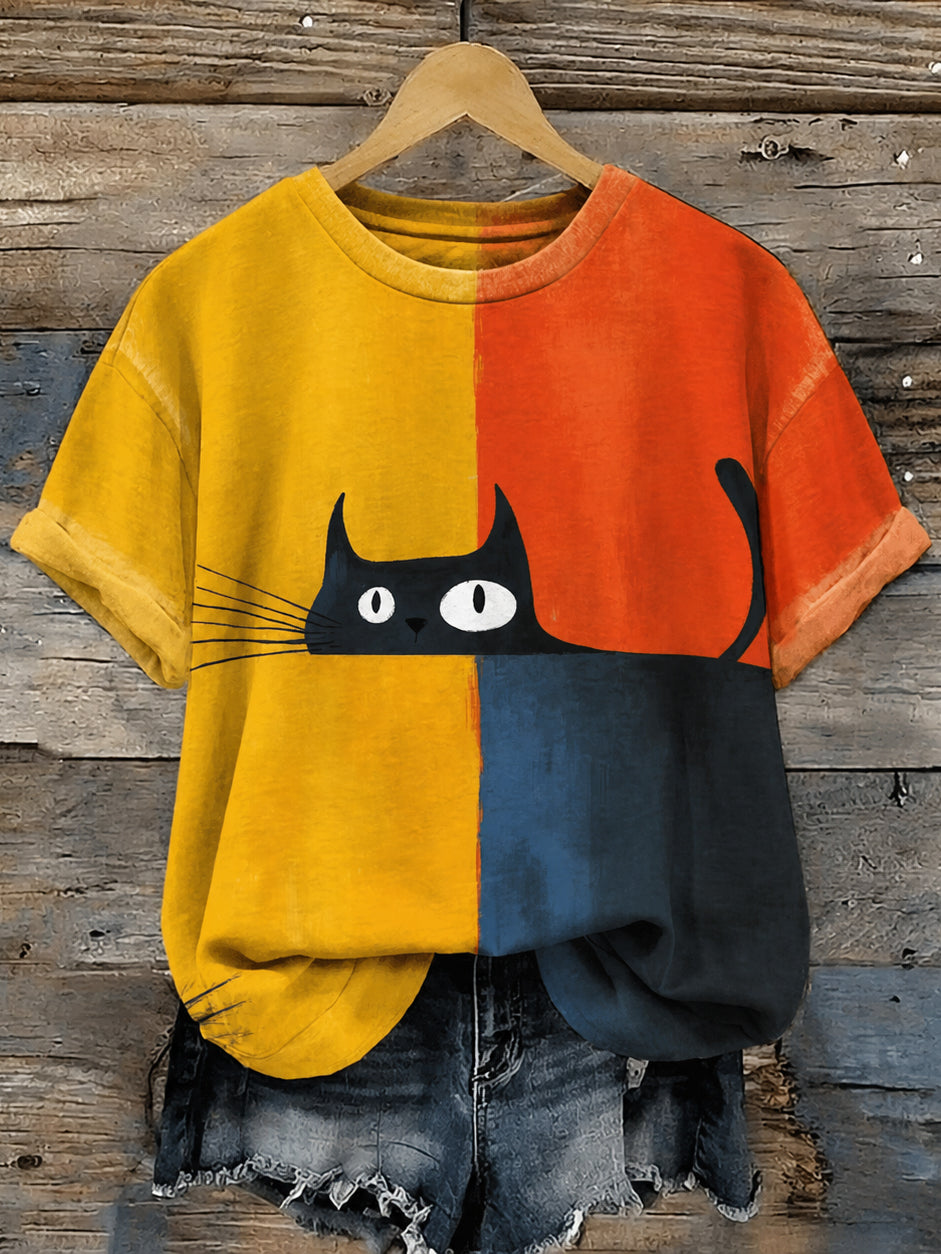 Damen T-Shirt mit Katzenkunst-Print, Rundhalsausschnitt, Kurzarm