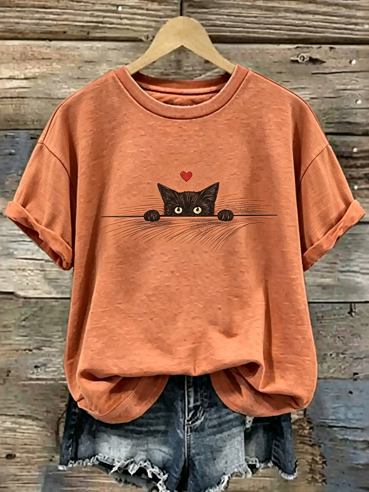 Abstract Creative Peek‑a‑boo Black Cat Cute Heart Kitten Graphic Casual T-shirt