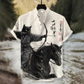 Herren Retro Kalligrafie Kriegspferd Schwarze Katze Showa Bogenschütze Print Kurzarmhemd