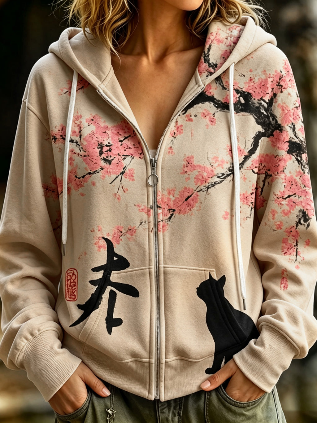 Damen Retro Kirschblüten- und Katzen-Print Freizeit Warmer Kapuzenpullover mit Reißverschluss