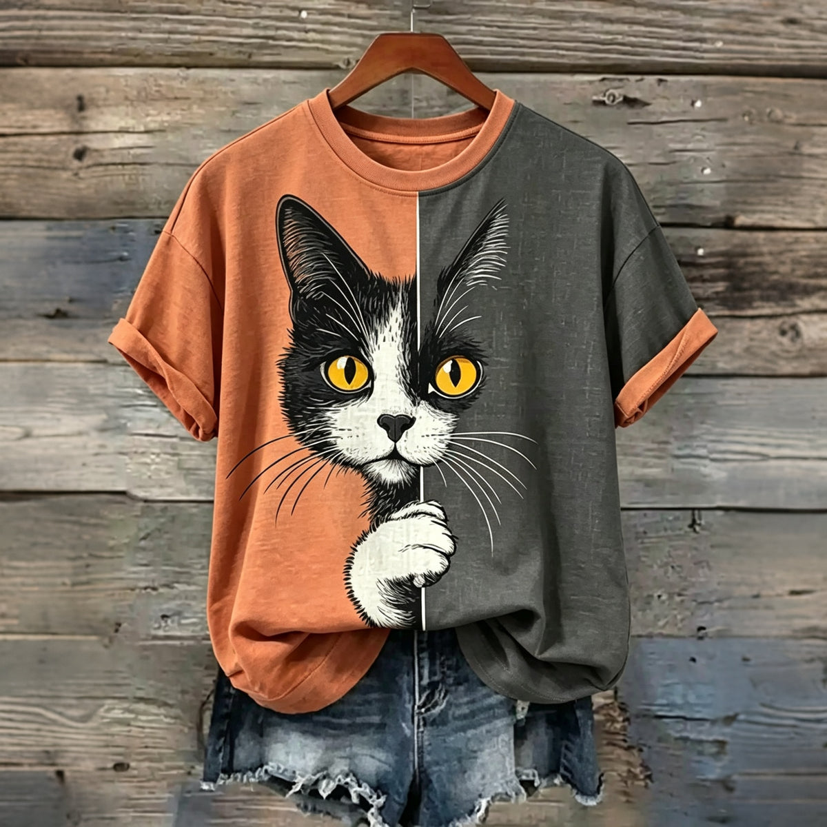 Abstract Creative The Peeping Cat Colorblock Graphic Casual T-shirt