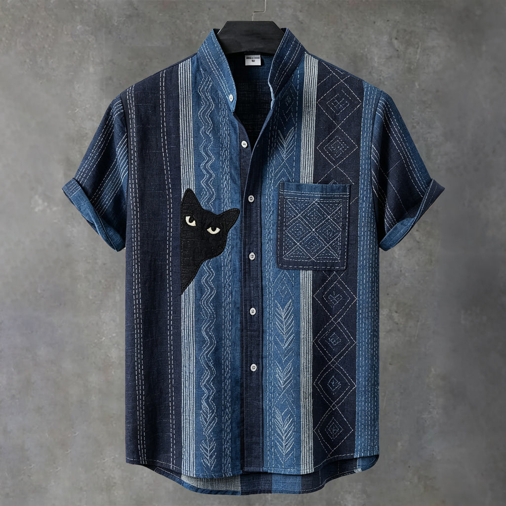 Herren Vintage Schwarze Katze mit Sashiko-Stickerei Kunst Kurzarmhemd