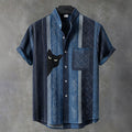 Herren Vintage Schwarze Katze mit Sashiko-Stickerei Kunst Kurzarmhemd