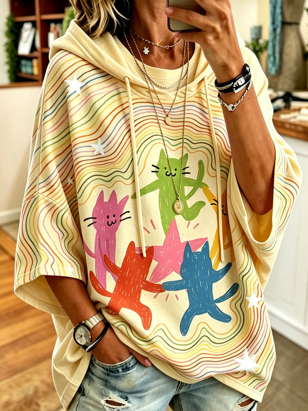 Women's Cute Cat Dancing Line Art Pattern Casual Hoodie
