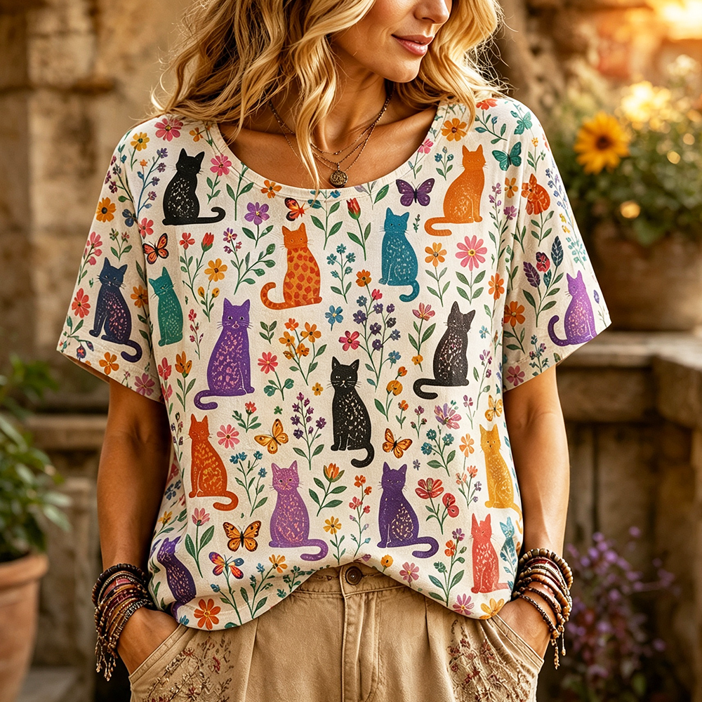 Women's Crewneck T-shirt With Colorful Cats, Flowers, And Butterflies Print