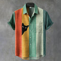 Herren Vintage Black Cat Kurzarm-Hemd mit Kontraststreifen und Kragen