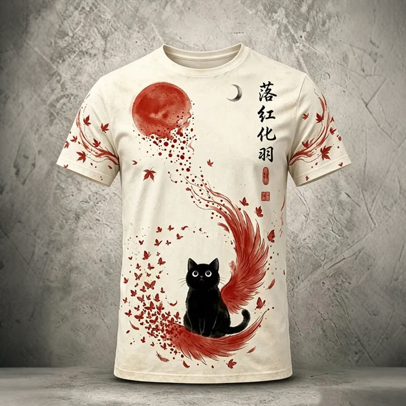 Herren Retro Schwarze Katze Ahornblatt Print Baumwolle Leinen Kurzarm T-Shirt