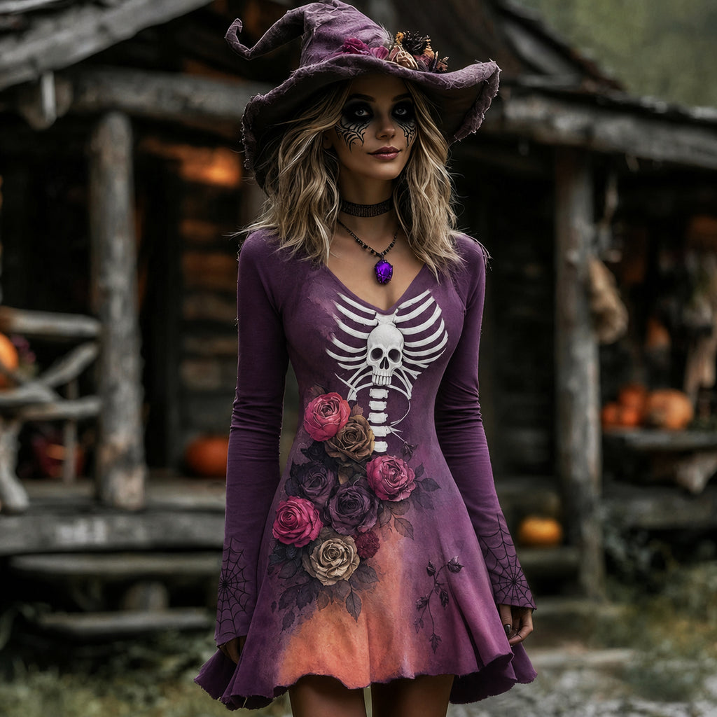 Women's Halloween Rose Skeleton  Cosplay Midi Dress