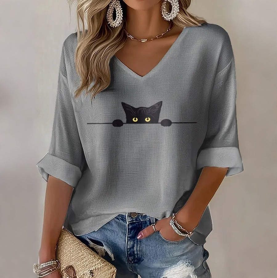 Women's Vintage Hippie Cute  Black Cat Art Print Printed Art Flowy Linen Blend Three Quarter Sleeves T-shirt