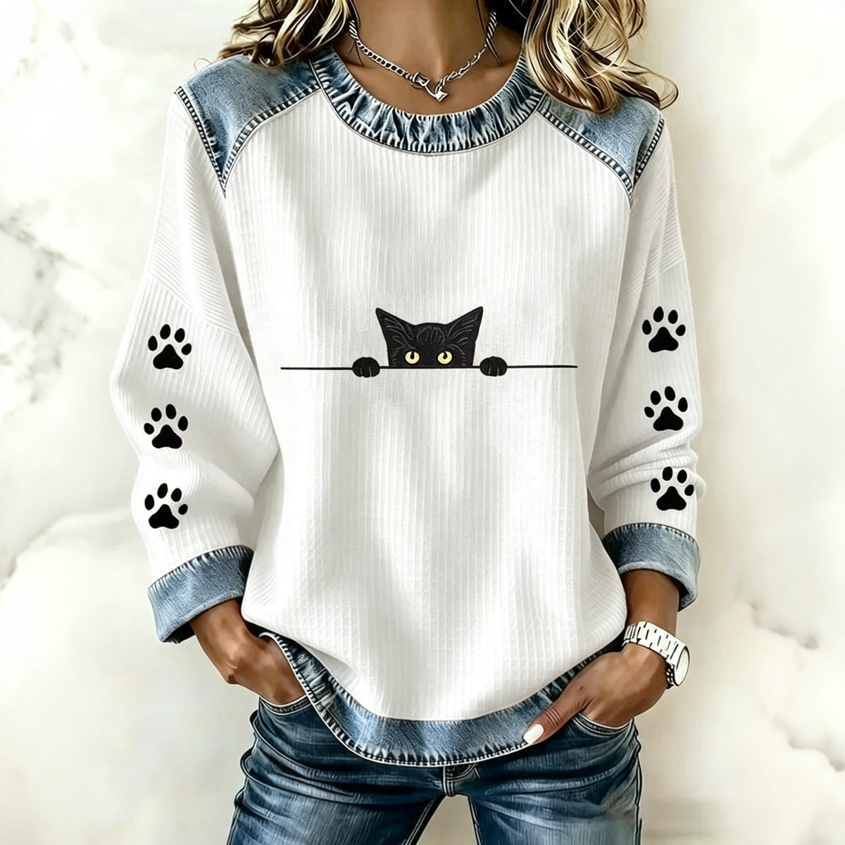 Abstract Creative Lovely Black Cat Paw Graphic Print Sweatshirt