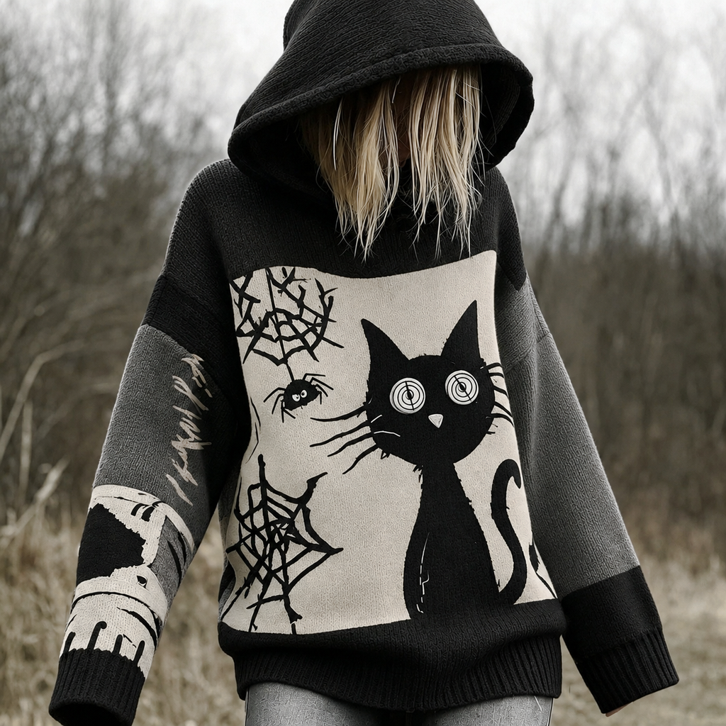 Halloween Scared Black Cat Patchwork Stitched Cozy Knit Hooded